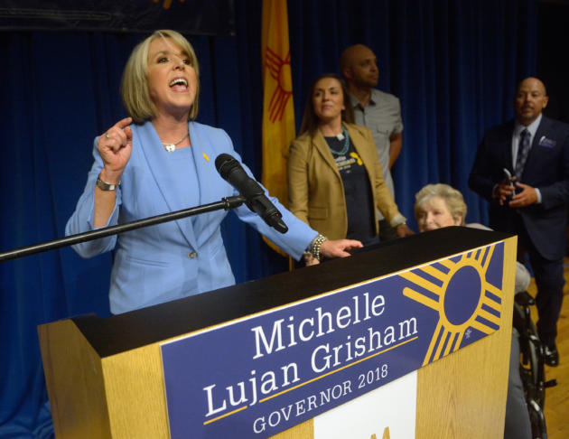 gbs060518c/ASEC -- Democratic candidate for New Mexico Governor, Michelle Lujan Grisham addresses her supporters after winning the primary during an election celebration at the Albuquerque Museum on Tuesday, June 5, 2018. (Greg Sorber/Albuquerque Journal)