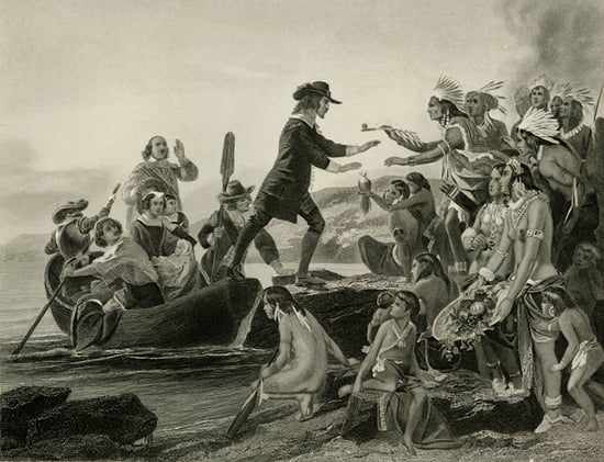 Fanciful view of Roger Williams meeting the Narragansett in 1636.