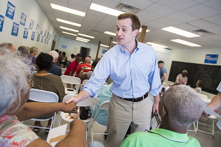 UNITED STATES - AUGUST 10: Dan McCready, Democratic candidate for North Carolina's 9th District, talks with voters at his campaign office during his education tour in Elizabethtown, N.C., on Friday, August 10, 2019. (Photo By Tom Williams/CQ Roll Call)