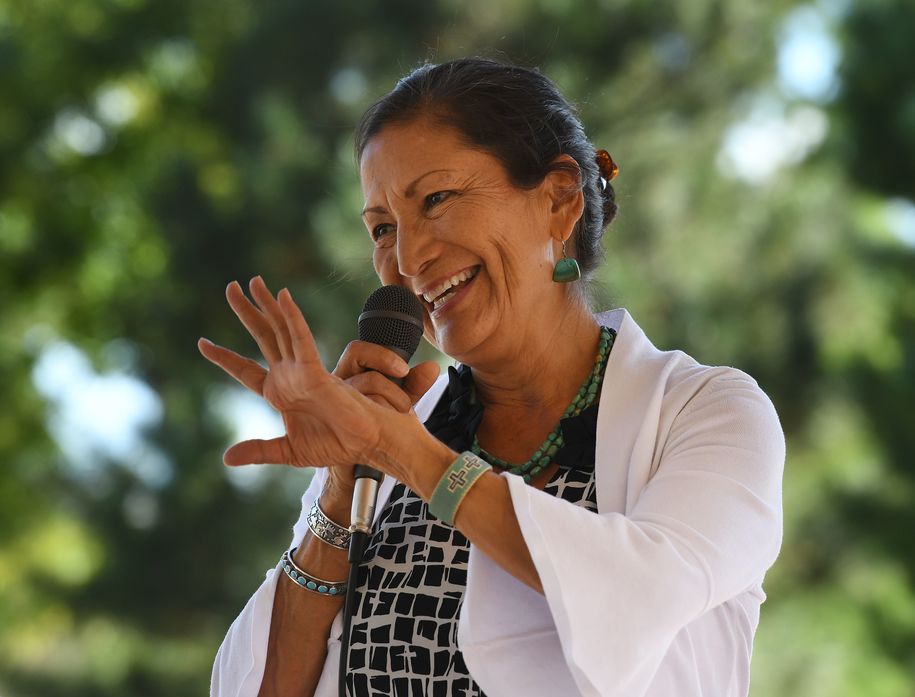 Native American candidate Deb Haaland who is running for Congress in New Mexico's 1st congressional district seat for the upcoming mid-term elections, speaks in Albuquerque, New Mexico on October 1, 2018. - If Haaland is successful she will be the first Native American woman to hold a seat in the United States House of Representatives. The seat is currently held by Michelle Lujan Grisham who will now run for Governor of the state. (Photo by Mark RALSTON / AFP) (Photo credit should read MARK RALSTON/AFP/Getty Images)