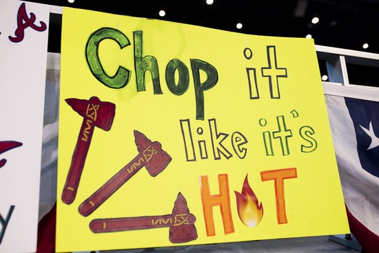 ATLANTA, GA - OCTOBER 9: A tomahawk sign is seen during Game Five of the National League Division Series between the Atlanta Braves and the St. Louis Cardinals at SunTrust Park on October 9, 2019 in Atlanta, Georgia. (Photo by Carmen Mandato/Getty Images)
